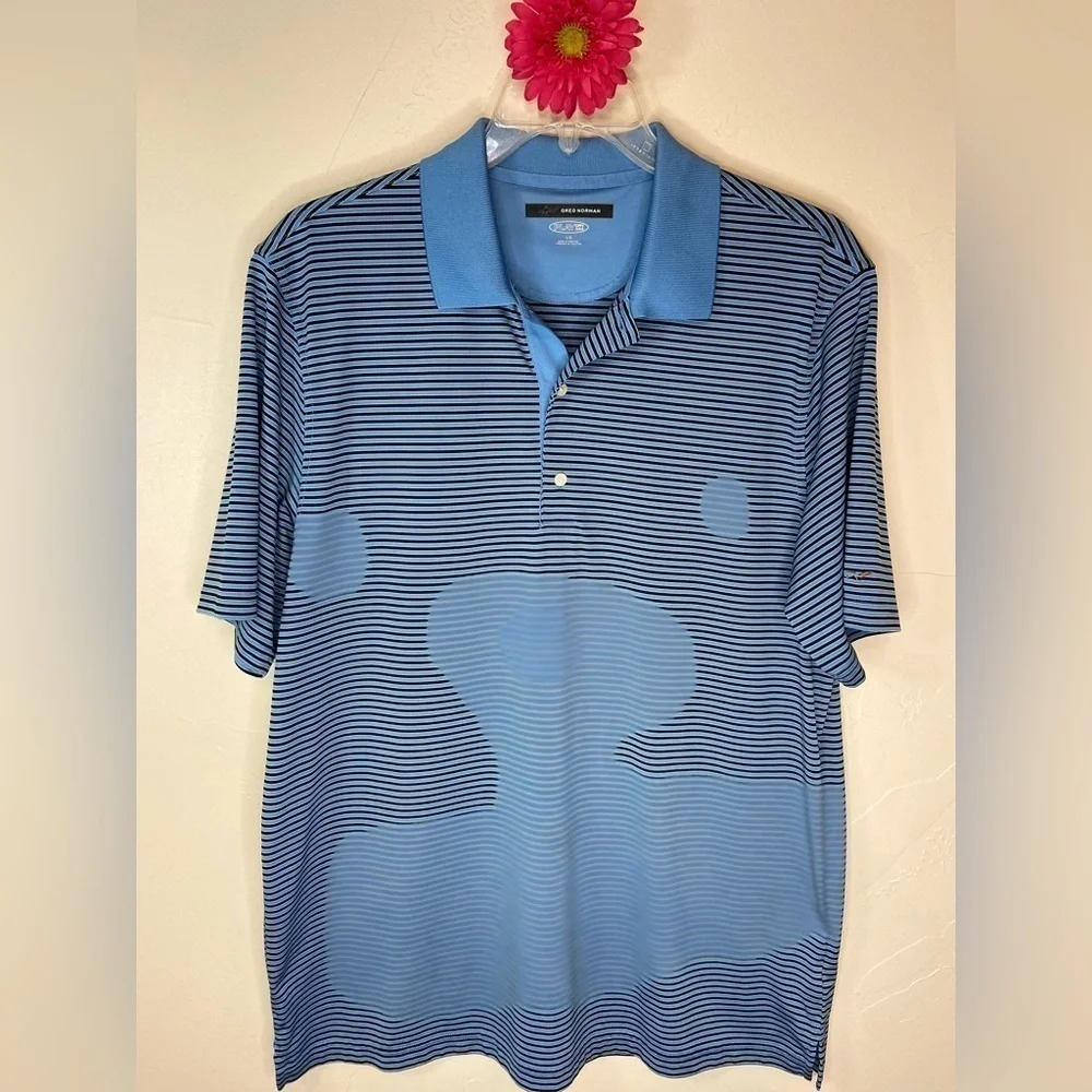 Greg Norman~Light Blue & Black Stripped Play Dry Golf Polo Shirt~Size L